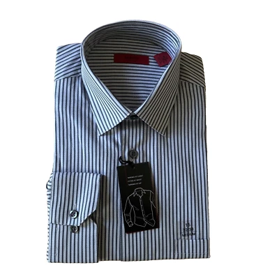 CAMISA DE VESTIR HOMBRE ALFANI AJUSTADA 15 EN 32/33 GRIS CON RAYAS NEGRAS Foto 1 de 2