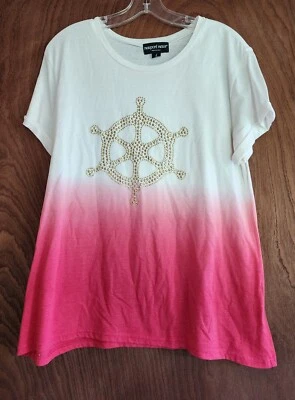 Newport News Mujer L Camisa Top Náutica Costera Abuela Informal Playa Rosa Ombre Foto 1 de 4