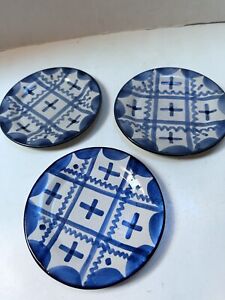 Vintage John B Taylor Ceramics Pottery Blue Cross Plaid Set Of 3 Dessert Plates