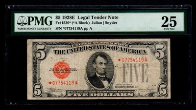 STAR 1928-E $5 Legal Tender Note Fr#1530* PMG VF 25 - Image 1 of 2