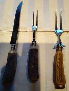 vintage Stag Handle 2 pc carving set & 1 Robeson fork