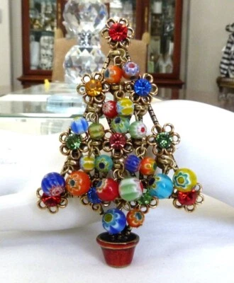 3 3/8" HUGE SWEET ROMANCE US MILLEFIORI GLASS BEAD RHINESTONE CHRISTMAS TREE PIN - Image 1 of 4