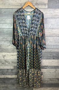 Chaqueta Plumero Free People Bombay Kimono O/S Azul Estampado Floral Patrón Boho Larga - Imagen 1 de 15