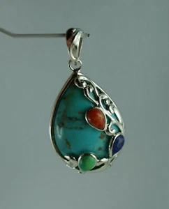 Ciondolo Mohave Blu Naturale Turchese Argento Sterling Corallo Lapislazzuli - Foto 1 di 3