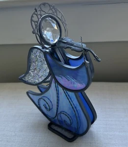 Glasmalerei blauer Engel spielt Geige irisierende Flügel Figur/Sonnenfänger - Bild 1 von 8