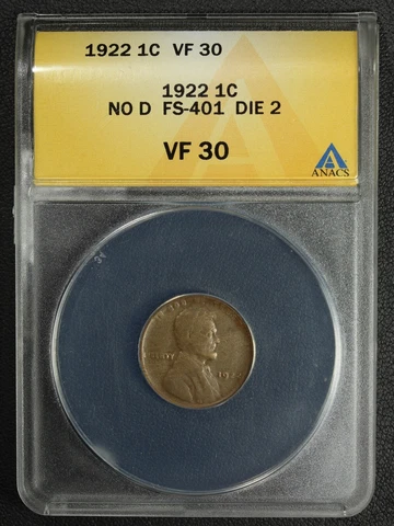 1922 No D Strong Reverse Lincoln Wheat Copper Cent ANACS VF 30 Cover