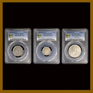 India Hyderabad 4 8 Annas 1 Rupee (3 Coin Set) 1343/1354/1366 PCGS MS 65/ MS 66+ - Picture 1 of 7