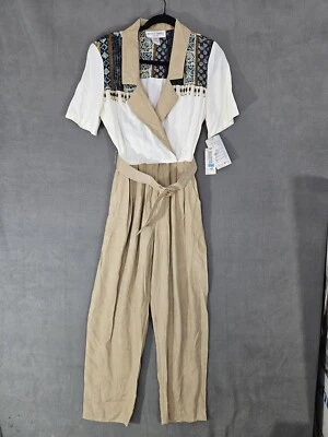Vintage Betsy Things Petite Womens Jumpsuit Aztec Size 10 Beige Beaded 80s New - Image 1 of 4