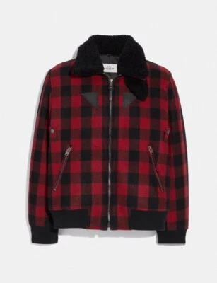 $898 Coach Mens Wool Red Plaid Shearling Collar Bomber Jacket Medium - Image 1 of 4