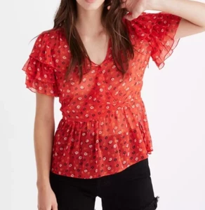 Madewell rot Stufenärmel Schößchen Top in Metallic Prairie Posies Rüschen Größe 4 - Bild 1 von 12