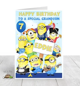 Tarjeta de cumpleaños personalizada MINIONS - CUALQUIER nombre edad y relación - Imagen 1 de 1