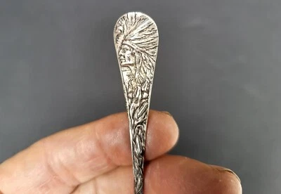 Cuchara de recuerdo de plata esterlina Indian Chief tema NATIVO AMERICANO Foto 1 de 4