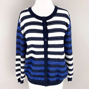 Lands' End Blue White Stripe Button Up Nautical Soft Eyelet Preppy Cardigan Med - Picture 1 of 4