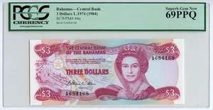 1974 (1984) BAHAMAS $3 PCGS 69 PPQ SUPERB GEM NEW PK 44a Top Pop FINEST KNOWN! - Picture 1 of 2