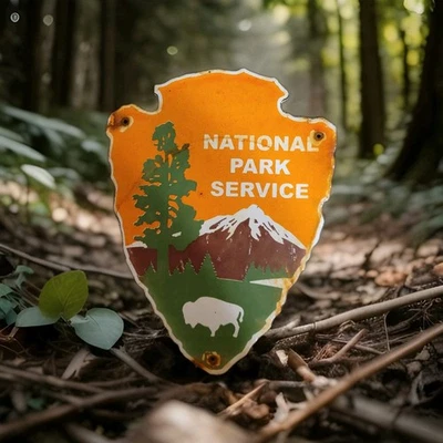 Letrero de porcelana vintage del Servicio de Parques Nacionales camping caza servicio forestal de Estados Unidos Foto 1 de 4