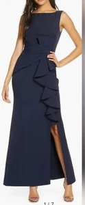 Eliza J Ruffle Front Gown NWT size 10 Navy Blue - Picture 1 of 5
