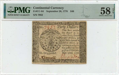 1778 September 26, $40 Continental Currency FR#CC-84 PMG AU58 EPQ - Image 1 of 2
