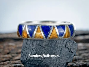 Natural Lapis Tiger eye Silver Inlay Ring Inlay Band Sterling Silver 925 Jewelry - Picture 1 of 6