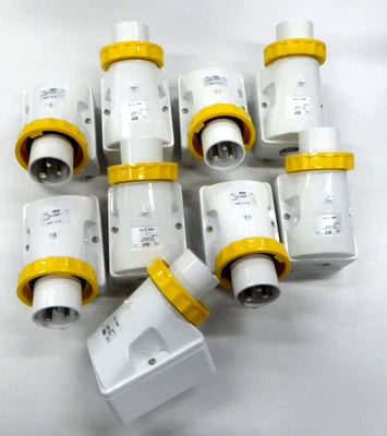 9 x 16 Amp 3 Pin Wall Mount Appliance Inlet Socket 16A Yellow IP67 110-130V AC - Image 1 of 4