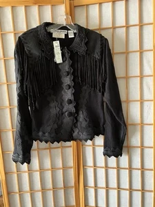 NWT MICHAEL SIMON CACHE NEW YORK BLACK SWEATER WITH FRINGE & CROCHET DESIGN S - Picture 1 of 15