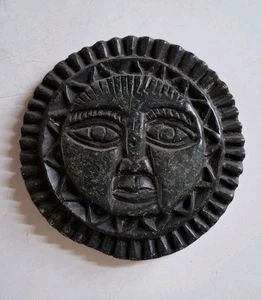 Mexican Tribal Tiki Black Stone Carved Sun Face Round Disc - Picture 1 of 5