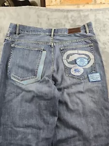 Jeans Ecko Unltd uomo 38x30 blu vintage larghi JNCO gamba larga toppe ricamate - Foto 1 di 16