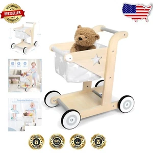 ASTM-Certified 2-in-1 Wooden Baby Learning Walker and Doll Stroller for Toddlers - Picture 1 of 8