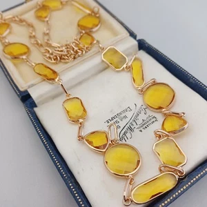 Vintage Art Deco Style - Glass Bezel Set - Golden Yellow Necklace - 31" - Picture 1 of 3