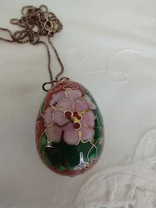 Vintage Sterlingsilber 925 echt Cloisonné Ei Halskette 24" lange Kette rot D1 - Bild 1 von 12