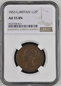 1853 Great Britain 1/2p Half Penny NGC AU55BN PQ WITH CLAIMS TO UNC! - Picture 1 of 2