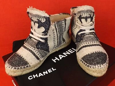 NIB CHANEL STRIPED TOILE TWEED CC LOGO HIGH TOP LACE UP ESPADRILLES SNEAKERS 36 - Image 1 of 4