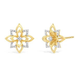Yellow Gold Plated 925 Sterling Silver Flower Stud Earrings 0.10 Ct. Diamonds - Picture 1 of 6