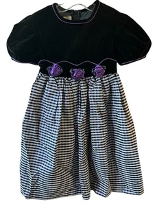 Bonnie Jean Girls 6 Black Velvet Gingham Party Dress USA Made Vintage Rose Shiny - Picture 1 of 7
