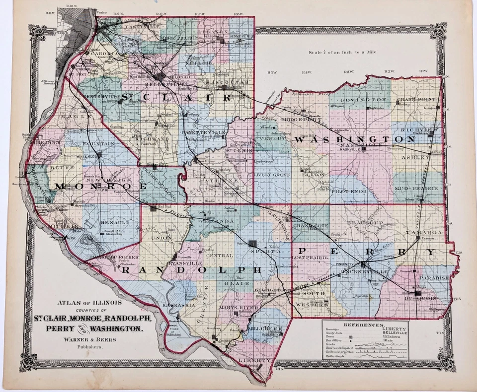 Mapa del condado de Illinois 1875 ST CLAIR MONROE RANDOLPH PERRY WASHINGTON (16X13) Foto 1 de 4