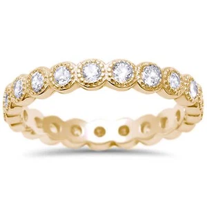 Yellow Gold Plated CZ Bezel Milgrain Stack Eternity Band Ring 925 Silver 5-10 - Picture 1 of 9