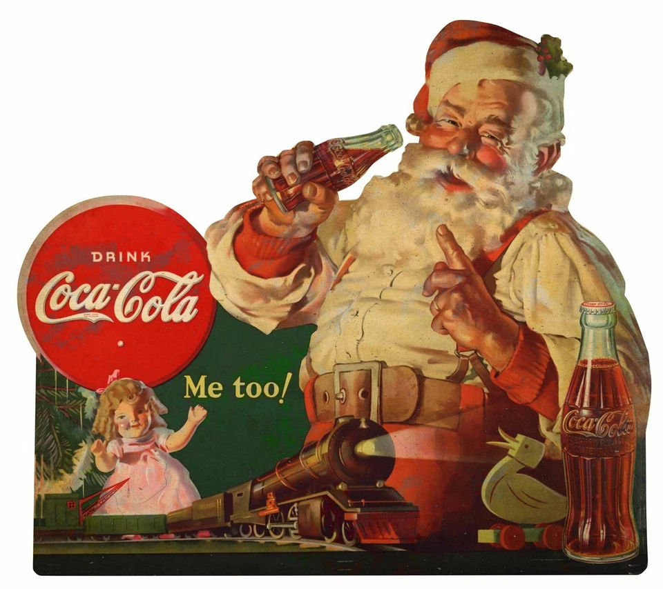 COCA COLA SANTA CLAUS CHRISTMAS TRAIN HEAVY DUTY USA MADE METAL ADVERTISING SIGN - Image 1 of 1