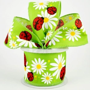 Red Lady Bugs 2.5" by 2 yards Green Wired Ribbon White Daisies Spring Summer - Picture 1 of 5