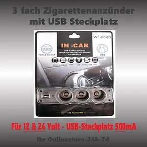 Sdoppiatore 3 Accendisigari 12V 24V USB 500mA Adattatore 12 Volt Presa NUOVO - Foto 1 di 4