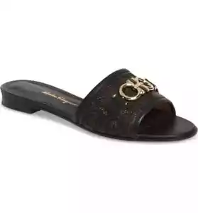 Salvatore Ferragamo Black Leather Rhodes Gancini Perforated Sandal Size 7C - Picture 1 of 10