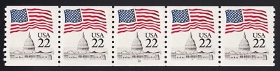 2115a Flag over Capital Dome – 22c PNC strip of 5 Plate # 12 Unused NH F-VF - Image 1 of 2