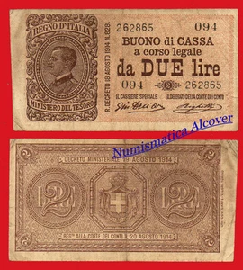 ITALIA ITALY 2 Liras lire 1914 Pick 37b BC / F - Imagen 1 de 1