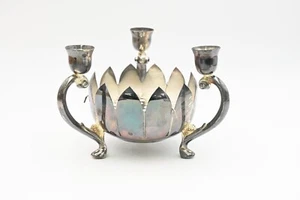Vintage International Silver Co Silver Plate Lotus Flower Frog and 3 Arm Candle - Picture 1 of 9
