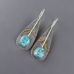 Natural Blue Copper Turquoise Gemstone 925 Silver Drop/Dangle Earrings For Women - Picture 1 of 6