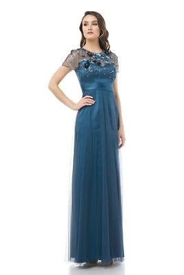 JS Collections Beaded Bodice Pleat Mesh Gown Mineral Blue Size 10 $348 - Image 1 of 3