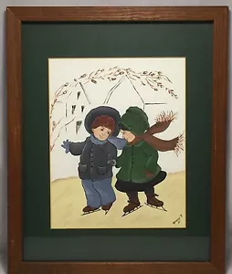 Quadro ORIGINALE arte popolare pattinaggio su ghiaccio ragazzo e ragazza stile vintage vestito opaco incorniciato - Foto 1 di 10