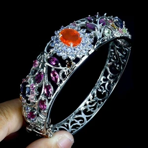925 Sterling Silver Bangle Orange Opal Tourmaline Garnet Gemstone Jewelry - Picture 1 of 13