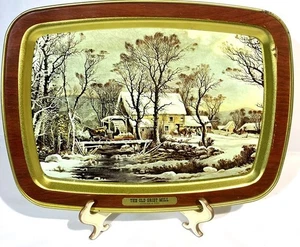 VINTAGE METAL DRINK SERVING TRAY THE OLD GRIST MILL CURRIER & IVES WINTER SCENE - Picture 1 of 8