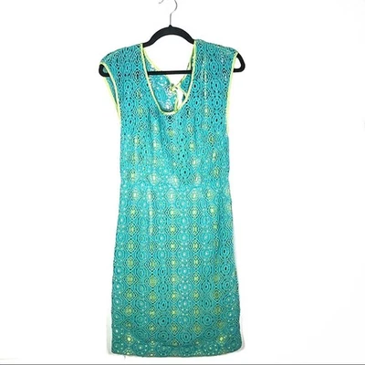 Vestido Tracy Reese New York azul verde azulado con ribete verde ganchillo talla 4 B107 Foto 1 de 4