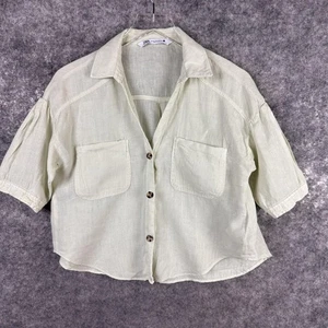 Camicia Zara 100% lino donna XS verde pallido manica corta tasca boxy leggera - Foto 1 di 11
