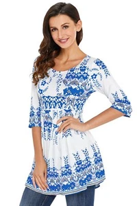Blue Floral Print White 3/4 Sleeve Stretch Tunic Top - Picture 1 of 4